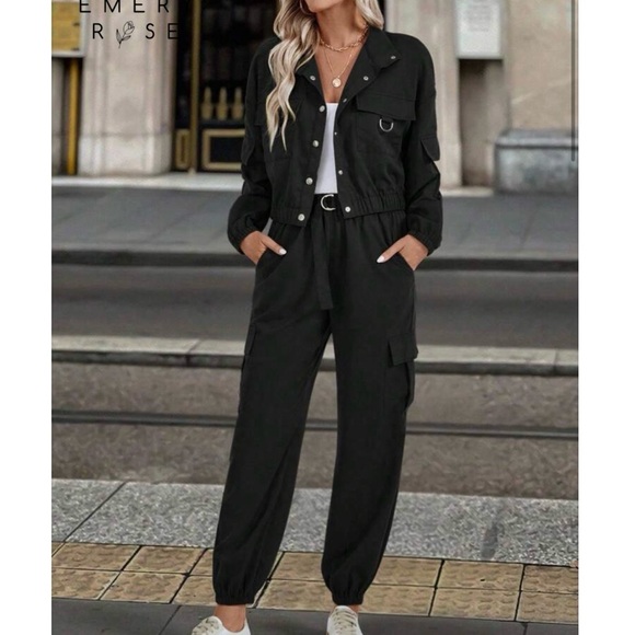 Emery Rose Other - 2pcs Women’s Solid Color Casual Long Sleeve Single-Breasted Jacket And Pant Set